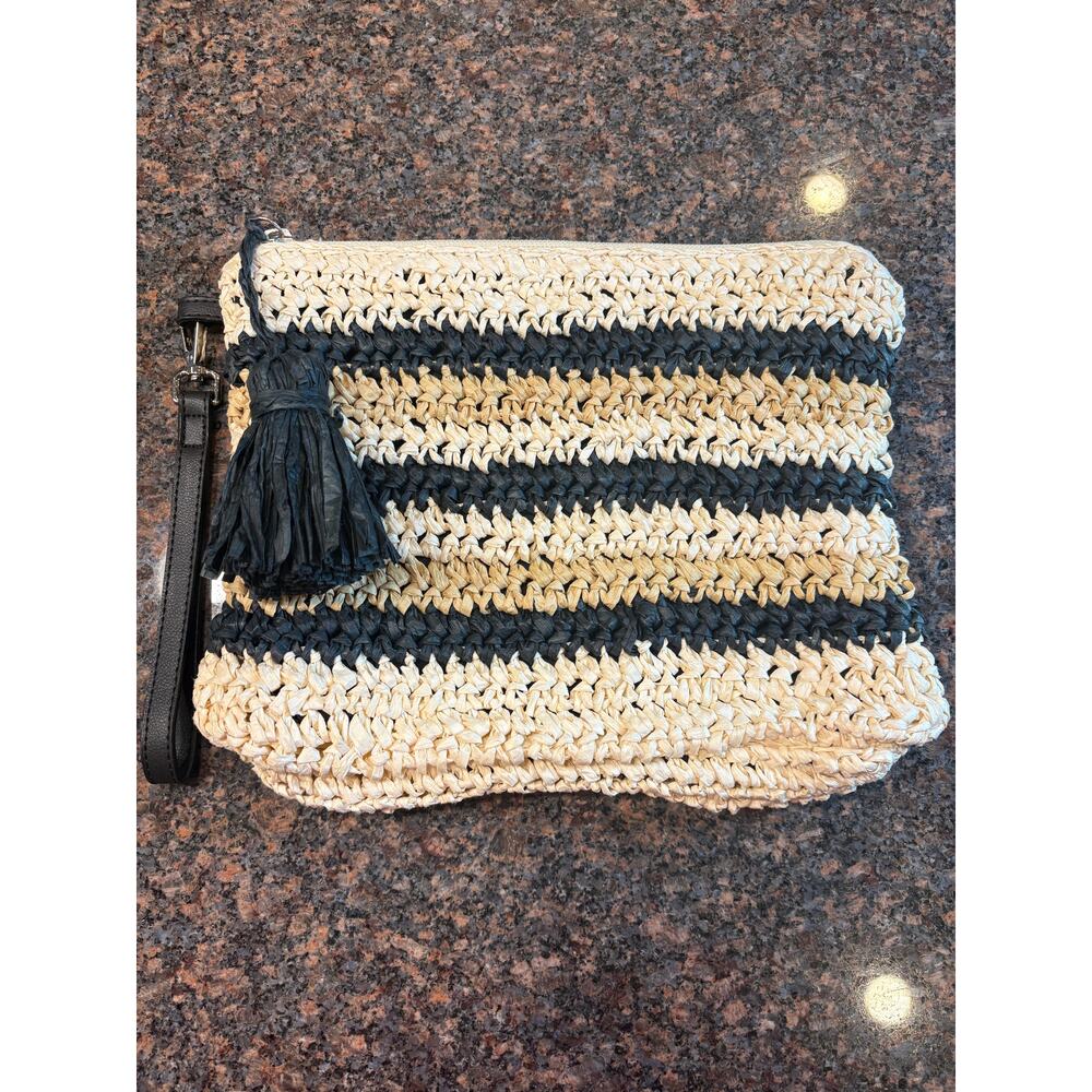 Echo Black/Cream Crochet Striped Bikini Bag 10"x8" Excellent Cond